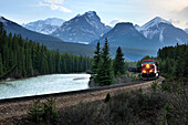 Eastbound train and Bow Range, Banff National Park, Alberta, Canada