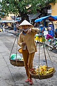 An outdoor fruit and vegetable market in Hoi An, Vietnam, Asia.