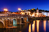 Roman bridge over the river Nabao and Templar castle, Tomar, District of Santarem, Medio Tejo, region center, Portugal, Europe.