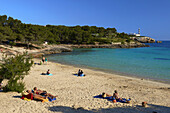 Mallorca, Porto Colom, Beach, Punta de Ses Crestes lighthouse, Felanitx, Palma, Majorca, Balearic Islands, Spain, europe.