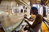 An artisan handweaving Kashmiri carpets, Ali Shah Carpets, Srinagar, Kashmir, Jammu and Kashmir State, India.