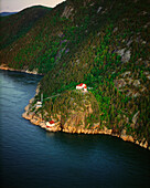 Aerial View Of Cap De La Teête Au Chien Lighthouse At Sunrise, Saguenay-St.Lawrence Marine Park, Charlevoix, Quebec