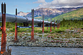 View Of The Alyeska Pipeline Crossing A River Along The Richardson Highway North Of Paxson, Southcentral Alaska, Summer, Hdr