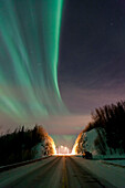 Aurora Borealis (Northern Lights) Over The Old Glenn Highway In The Matanuska-Susitna Valley, Southcentral Alaska, Winter