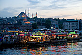 'View Of Fish Boats And Rustem Pasa Mosque; Istanbul, Turkey'