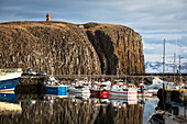 Port of stykkisholmur in the fjord of breidafjordur, departure point of the ferry to the fjords in the west, snaefellsnes peninsula, western iceland, europe