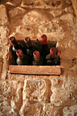 Storage of bottles in a niche, tuscany, province of sienna, italy