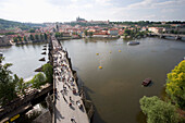 View of Charles Bridge, UNESCO World Heritage Site, from Old Town Bridge Tower, River Vltava, Little Quarter Bridge Tower, Prague, Czech Republic, Europe