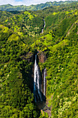 Aerial of a waterfall in the interior of Kauai, Hawaii, United States of America, Pacific