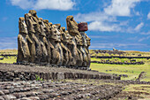 Fifteen moai at the restored ceremonial site of Ahu Tongariki on Easter Island (Isla de Pascua) (Rapa Nui), UNESCO World Heritage Site, Chile, South America