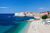 Banje Beach, Old harbour and Old Town, UNESCO World Heritage Site, Dubrovnik, Dalmatia, Croatia, Europe