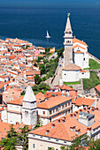 High angle view of the old town with the cathedral of St. George, Piran, Istria, Slovenia, Europe