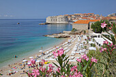 View of Old Town, UNESCO World Heritage Site, and Ploce Beach, Dubrovnik, Dalmatia, Croatia, Europe