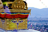 Higher view of the Buddhist stupa, Swayambu (Swayambhunath) (Monkey Temple), UNESCO World Heritage Site, Kathmandu, Nepal, Asia