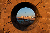 A view on the medina of Essaouira from the bastions walls at sunset, Morocco