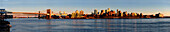 panoramic view of the Brooklyn waterfront, sunset light. Hudson Bay in the foreground