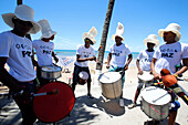 Brazilian drum band wearing peace t-shirts. Brazil.