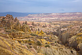 Turkey, Cappadocia, Uchisar village with cave dwellings, natural landscape Heritage of the UNESCO