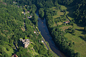 France, Allier (03), Chateau de Chouvigny dominant Sioul in gorges Chouvigny (aerial view)