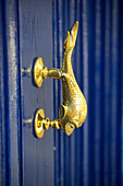 door knocker on blue door in Mdina, Malta, Europe