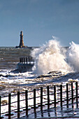 Waves Crashing By Lighthouse At Sunderland, Tyne And Wear, England, United Kingdom