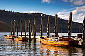 Boats Docked On A Pier, Keswick, Cumbria, England