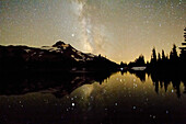 'Oregon, United States Of America; Milky Way Over Mt. Jefferson Reflected In Russell Lake'