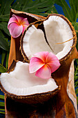 A Coconut In Halves, White Meaty Fruit With Flowers