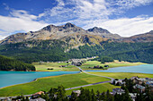 'Lake silvaplana and the town with mountains in the background;Silvaplana grisons switzerland'