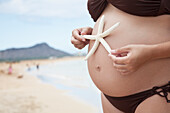 'A pregnant woman in a bikini holding a starfish on her bare belly;Honolulu hawaii united states of america'