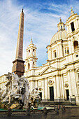'Sant'Agnese church and Fontana dei Quattro Fiumi with Obelisk of Domitian in Piazza Navona; Rome, Italy'