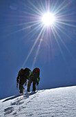 Mountaineers on the northridge of Weisshorn (4506 m), Wallis, Switzerland