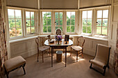 View from a gazebo window in the manor house to the park, Scotney Castle, Kent, Great Britain