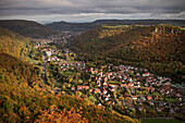 View from Lichtenstein castle in autumn, Swabian Alp, Baden-Wuerttemberg, Germany