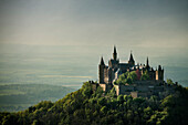 view from Zeller mountain towards Hohenzollern castle, Hechingen Bissingen, Swabian Alp, Baden-Wuerttemberg, Germany