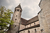 View of the church tower of Lorch monastry, Swabian Alp, Baden-Wuerttemberg, Germany