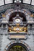 Clock inside Antwerp Central main railway station, Antwerp, Flemish Region, Belgium