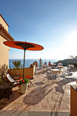 Terasse des Hotel Marulivo, Bed & Breakfast, Pisciotta, Cilento Küste, Provinz Salerno, Kampanien, Italien