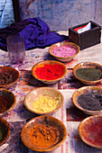 Colour pigments in a shop in the dyers district, Marrakech, Morocco