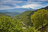 View towards Etna seen from the road between Taormina and Tindari, Sicily, Italy