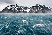 Gischt von Wellen bei hoher See vor Bergkulisse, Drygalski Fjord, Südgeorgien, Antarktis