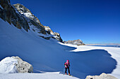 Frau auf Skitour steigt im Val Culea auf, Langkofel im Hintergrund, Sella, Sellagruppe, Dolomiten, Südtirol, Italien