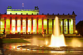 Lustgarten with illuminated fountain, looking towards the Altes Museum, Museum Island, Berlin, Germany
