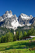 Alpine hut with mount Bischofsmuetze in background, Sulzenalm, Dachstein Mountains, Salzburg, Austria
