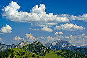 Mountain scenery with Buchstein, Rossstein and Guffert, Seekarkreuz, Bavarian Prealps, Upper Bavaria, Bavaria, Germany