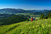 Zwei Personen sitzen auf einer Bank in einer Blumenwiese, Kaisergebirge, Inntal und Zillertaler Alpen im Hintergrund, Kranzhorn, Chiemgauer Alpen, Tirol, Österreich
