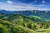 Hut Hubertushuette with Hochmiesing and Spitzing area in background, Breitenstein, Mangfall Mountains, Bavarian Prealps, Upper Bavaria, Bavaria, Germany