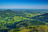 Wiesen und Dörfer im Leitzachtal, Breitenstein, Mangfallgebirge, Bayerische Voralpen, Oberbayern, Bayern, Deutschland