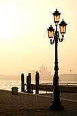 Lamp post at Zattere at sunrise, Venice, Veneto, Italy, Europe