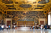 Sala del Maggior Consiglio or hall of the big council, with frescoes on the walls and the ceiling, Venice, Italy, Europe